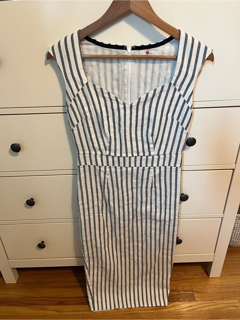 Boden Striped Sleeveless Midi Dress in White and Gray